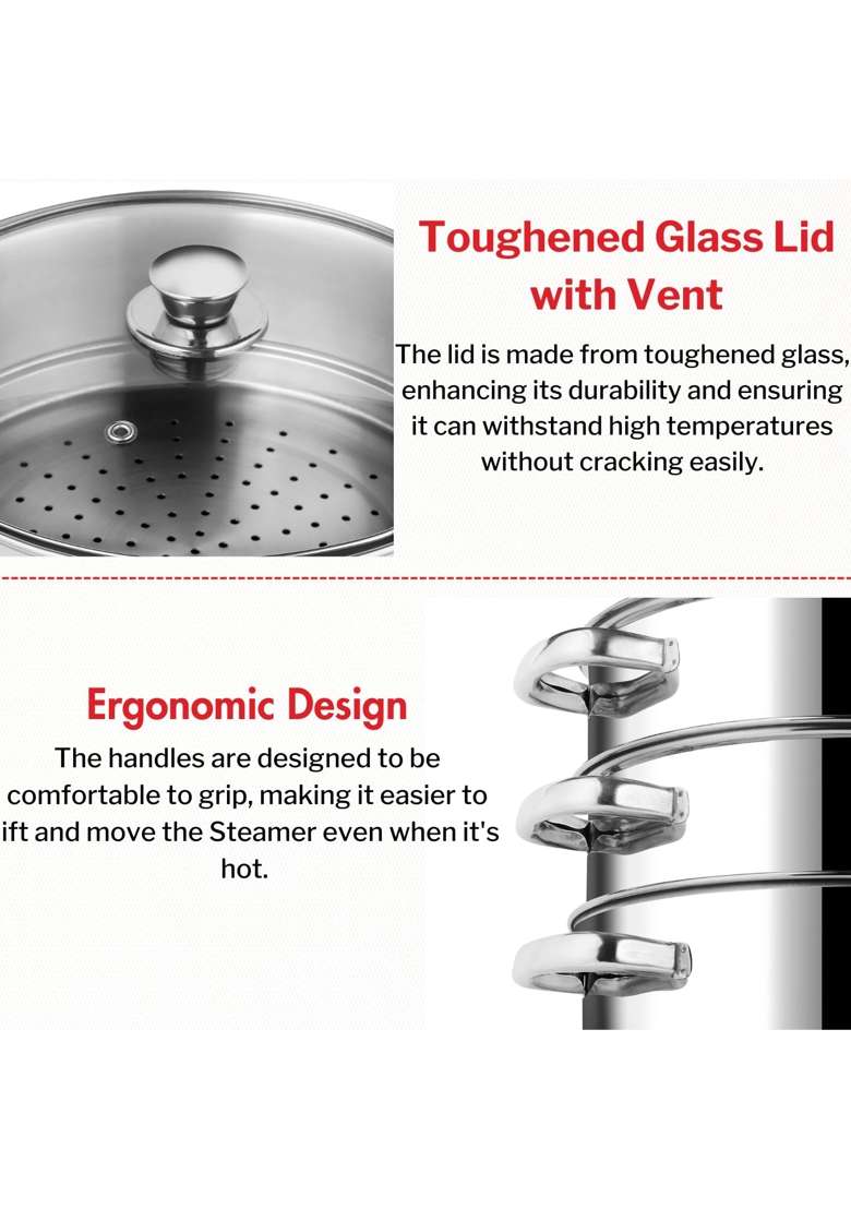 Vinod Steamer for Kitchen 3-Tier Stainless Steel with Glass Lid | 20 cm | 7.9 Inch - Indya