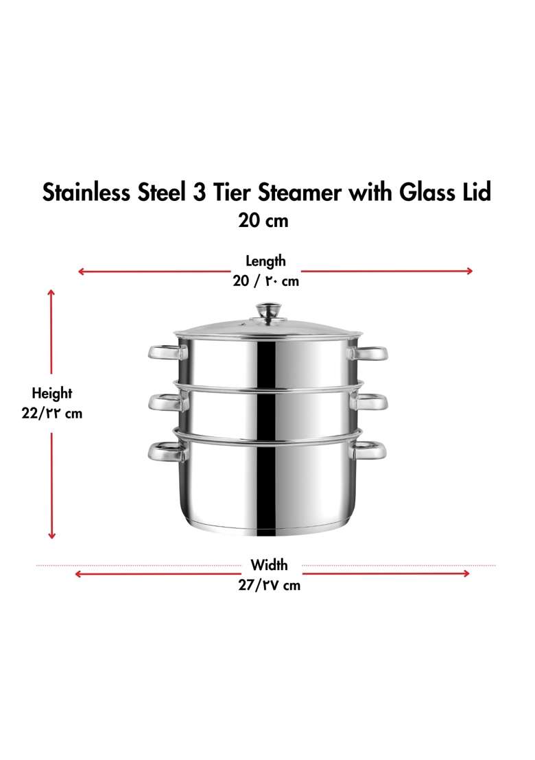 Vinod Steamer for Kitchen 3-Tier Stainless Steel with Glass Lid | 20 cm | 7.9 Inch - Indya