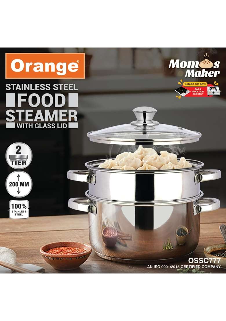 Orange Stainless Steel 2 Tier Food Steamer with Glass Lid | Induction Compatible - Indya