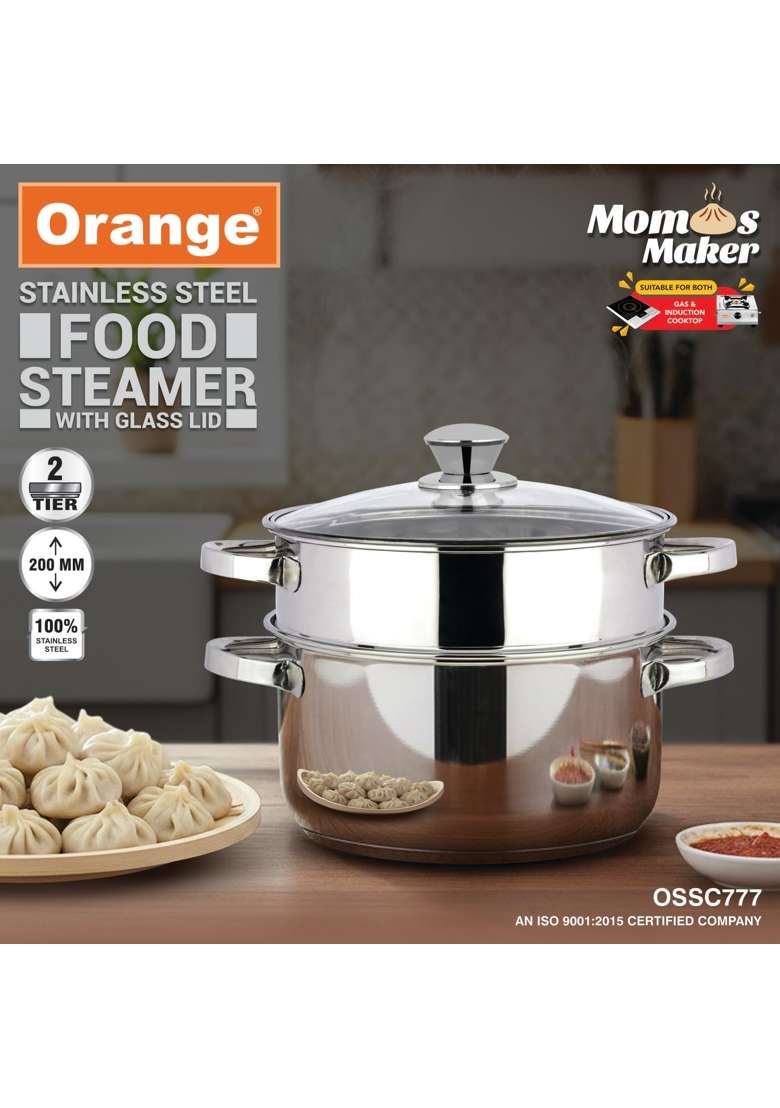 Orange Stainless Steel 2 Tier Food Steamer with Glass Lid | Induction Compatible - Indya
