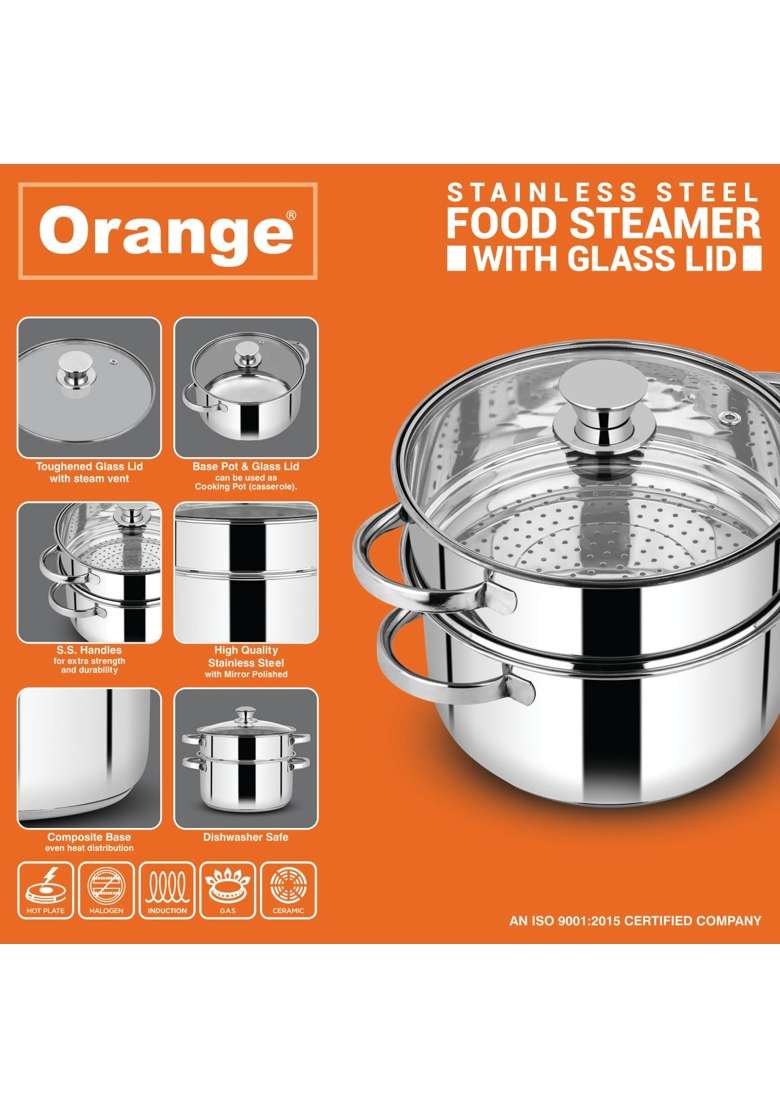 Orange Stainless Steel 2 Tier Food Steamer with Glass Lid | Induction Compatible - Indya