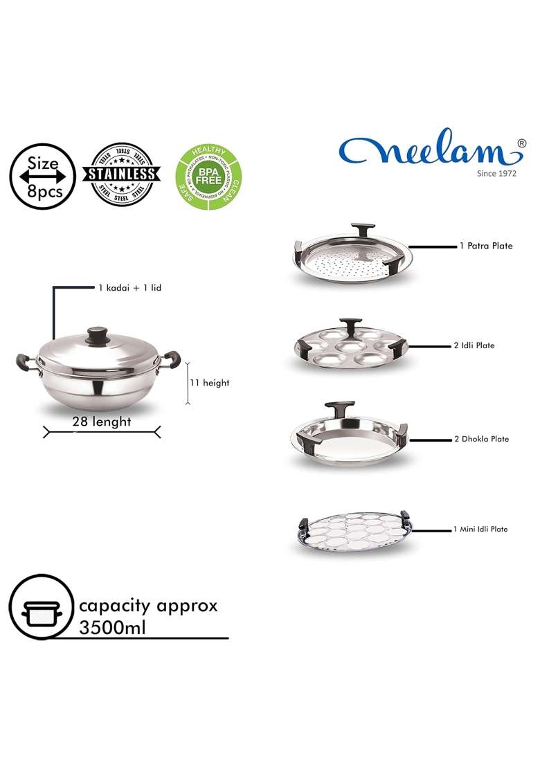 neelam Stainless Steel Multi Kadai Wok Big Induction Base | 3500 ml | 118.3 fl oz - Indya