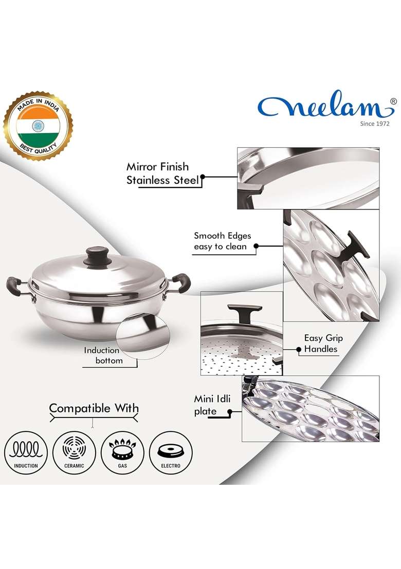 neelam Stainless Steel Multi Kadai Wok Big Induction Base | 3500 ml | 118.3 fl oz - Indya