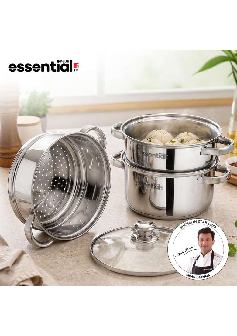 BERGNER Essential Plus Stainless Steel 3 Tier Steamer with Glass Lid | 3 L | 3.2 Qt | 20 cm | 7.9 Inch | Induction Compatible - Indya