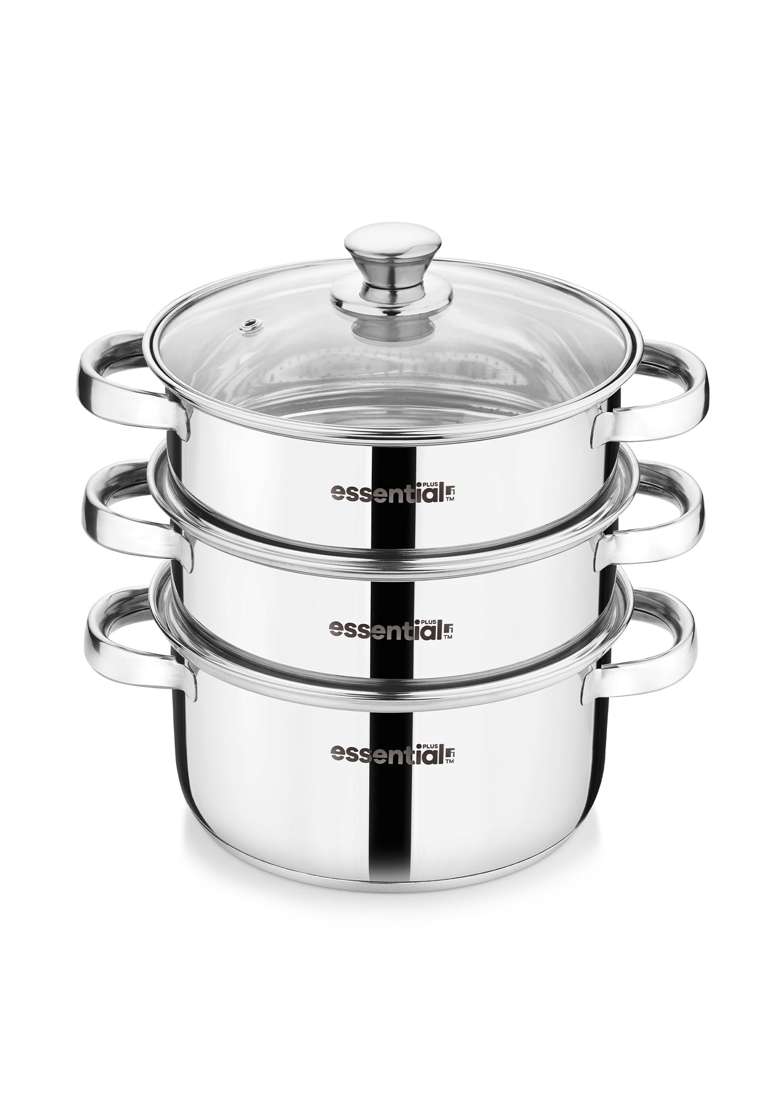 BERGNER Essential Plus Stainless Steel 3 Tier Steamer with Glass Lid | 3 L | 3.2 Qt | 20 cm | 7.9 Inch | Induction Compatible - Indya