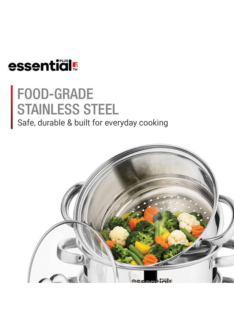 BERGNER Essential Plus Stainless Steel 3 Tier Steamer with Glass Lid | 3 L | 3.2 Qt | 20 cm | 7.9 Inch | Induction Compatible - Indya
