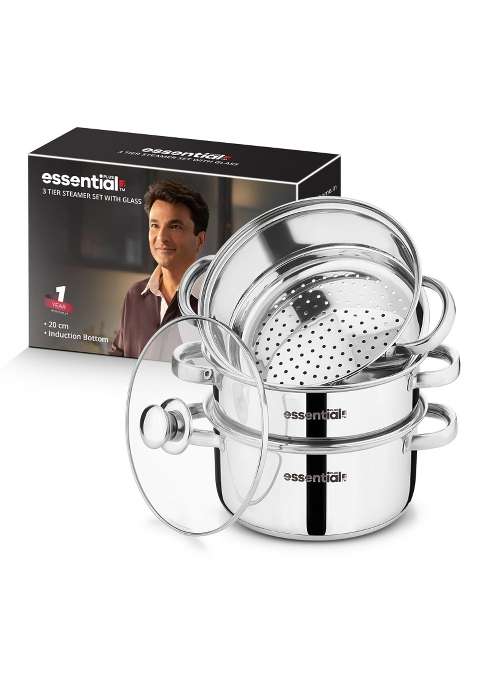 BERGNER Essential Plus Stainless Steel 3 Tier Steamer with Glass Lid | 3 L | 3.2 Qt | 20 cm | 7.9 Inch | Induction Compatible