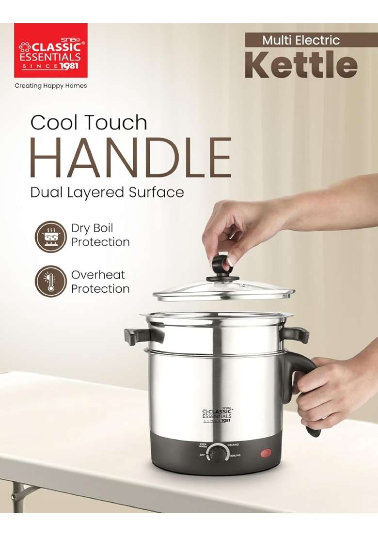 CLASSIC ESSENTIALS Electric Multi Kettle with Steamer | 1.5 L | 1.6 Qt - Indya