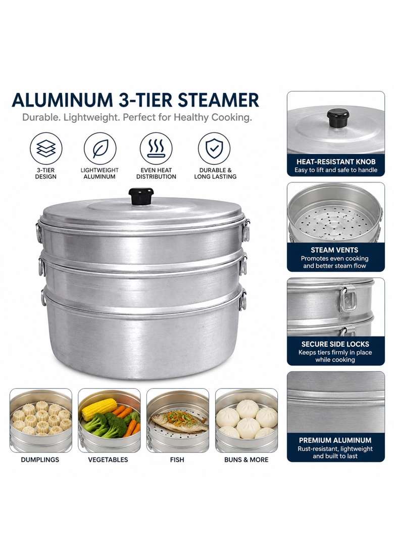 KC Aluminium Momos Steamer 3 Tier Capacity Diameter Silver | 3 L | 3.2 Qt | 8 Inch - Indya