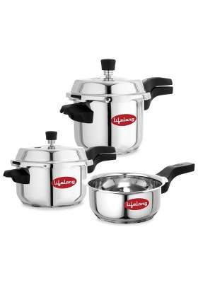 Lifelong Stainless Steel Pressure Cooker | 2 L | 2.1 Qt | 3-Piece Set | Induction Compatible