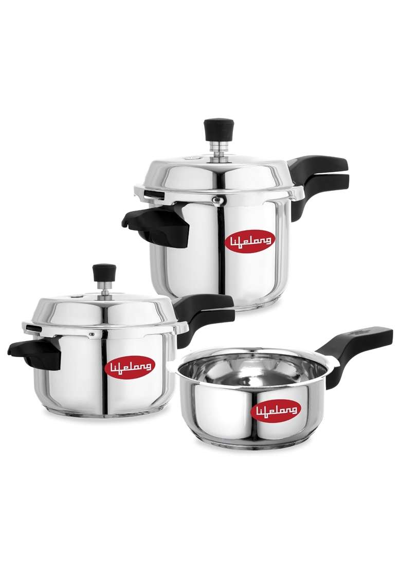 Lifelong Stainless Steel Pressure Cooker | 2 L | 2.1 Qt | 3-Piece Set | Induction Compatible - Indya