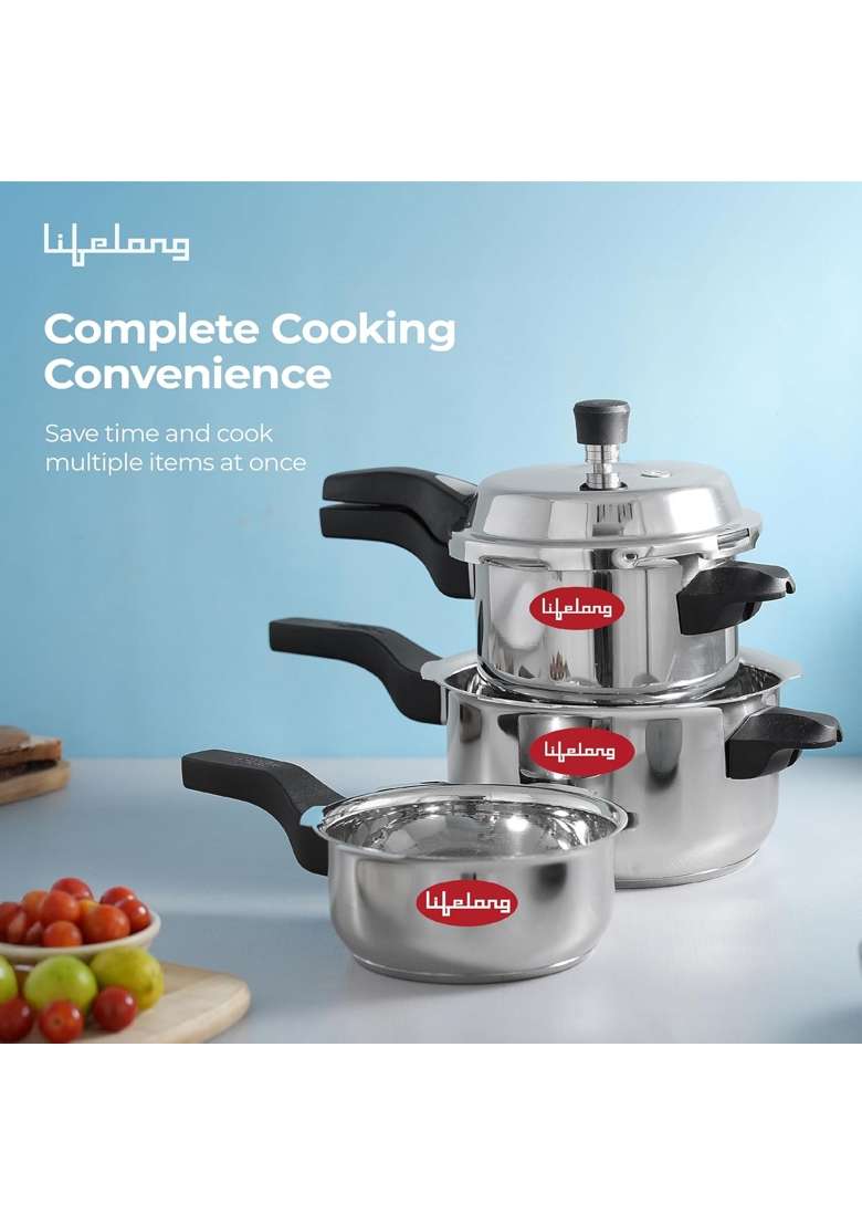 Lifelong Stainless Steel Pressure Cooker | 2 L | 2.1 Qt | 3-Piece Set | Induction Compatible - Indya
