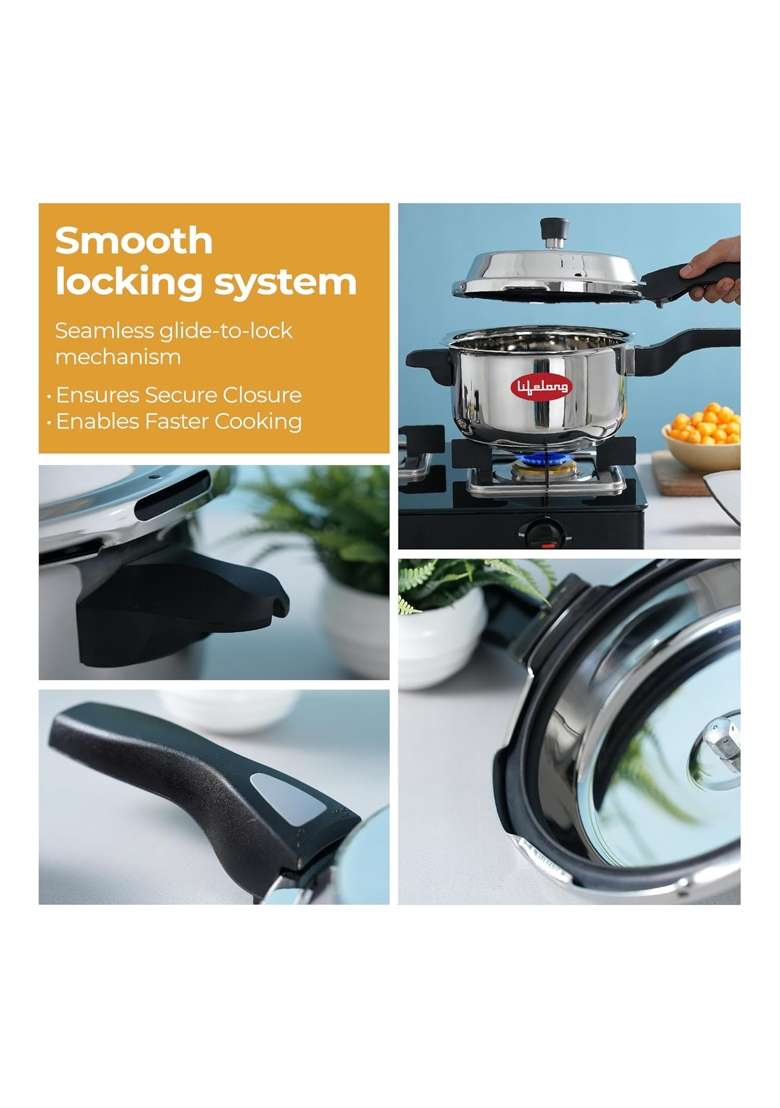 Lifelong Stainless Steel Pressure Cooker | 2 L | 2.1 Qt | 3-Piece Set | Induction Compatible - Indya