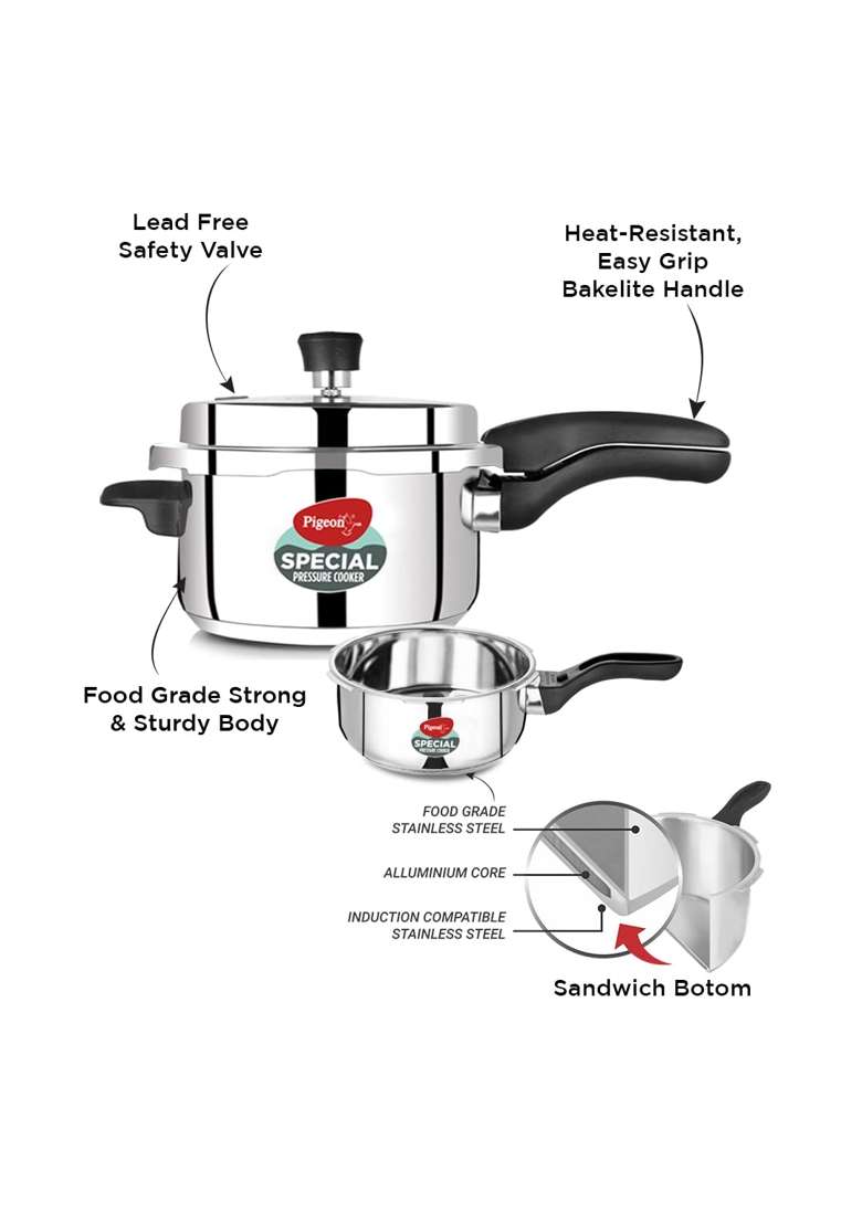 Pigeon By Stovekraft Special Stainless Steel Pressure Cooker with Outer Lid Induction | 5 L | 5.3 Qt - Indya