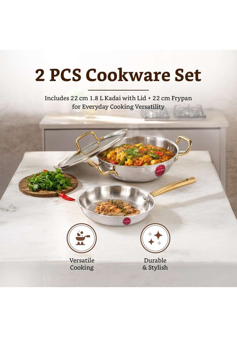 Solimo Amazon Brand Solimo Premium Triply Stainless Steel Cookware Set | 1.8 L | 1.9 Qt | 22 cm | 8.7 Inch | 2-Piece Set | Induction Compatible - Indya