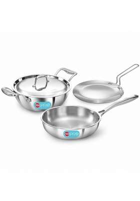 Hawkins Tri-Ply Stainless Steel Cookware Combo Set | 2.5 L | 2.6 Qt | 26 cm | 10.2 Inch | 3-Piece Set | Induction Compatible | With Lid