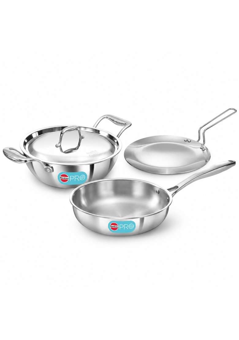 Hawkins Tri-Ply Stainless Steel Cookware Combo Set | 2.5 L | 2.6 Qt | 26 cm | 10.2 Inch | 3-Piece Set | Induction Compatible | With Lid - Indya
