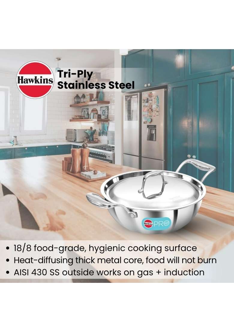 Hawkins Tri-Ply Stainless Steel Cookware Combo Set | 2.5 L | 2.6 Qt | 26 cm | 10.2 Inch | 3-Piece Set | Induction Compatible | With Lid - Indya