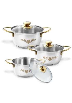 Wonderchef Gold Stanton Stainless-Steel Casserole Set with Glass Lid for Kitchen and Dining | 1.6 L | 1.7 Qt | Pack of 3 | Induction Compatible