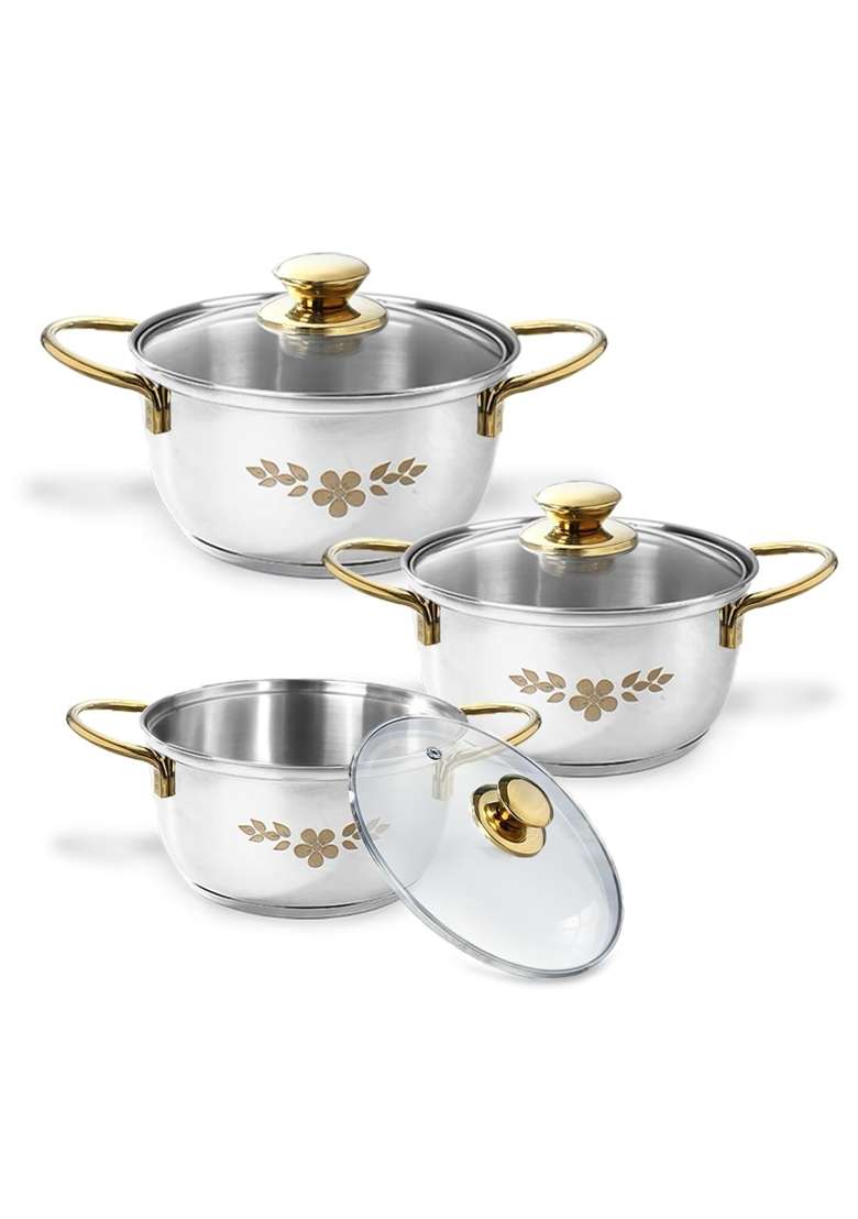 Wonderchef Gold Stanton Stainless-Steel Casserole Set with Glass Lid for Kitchen and Dining | 1.6 L | 1.7 Qt | Pack of 3 | Induction Compatible - Indya