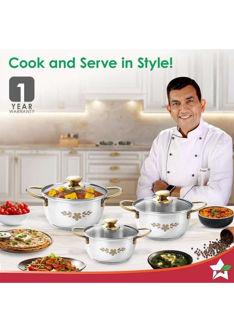 Wonderchef Gold Stanton Stainless-Steel Casserole Set with Glass Lid for Kitchen and Dining | 1.6 L | 1.7 Qt | Pack of 3 | Induction Compatible - Indya