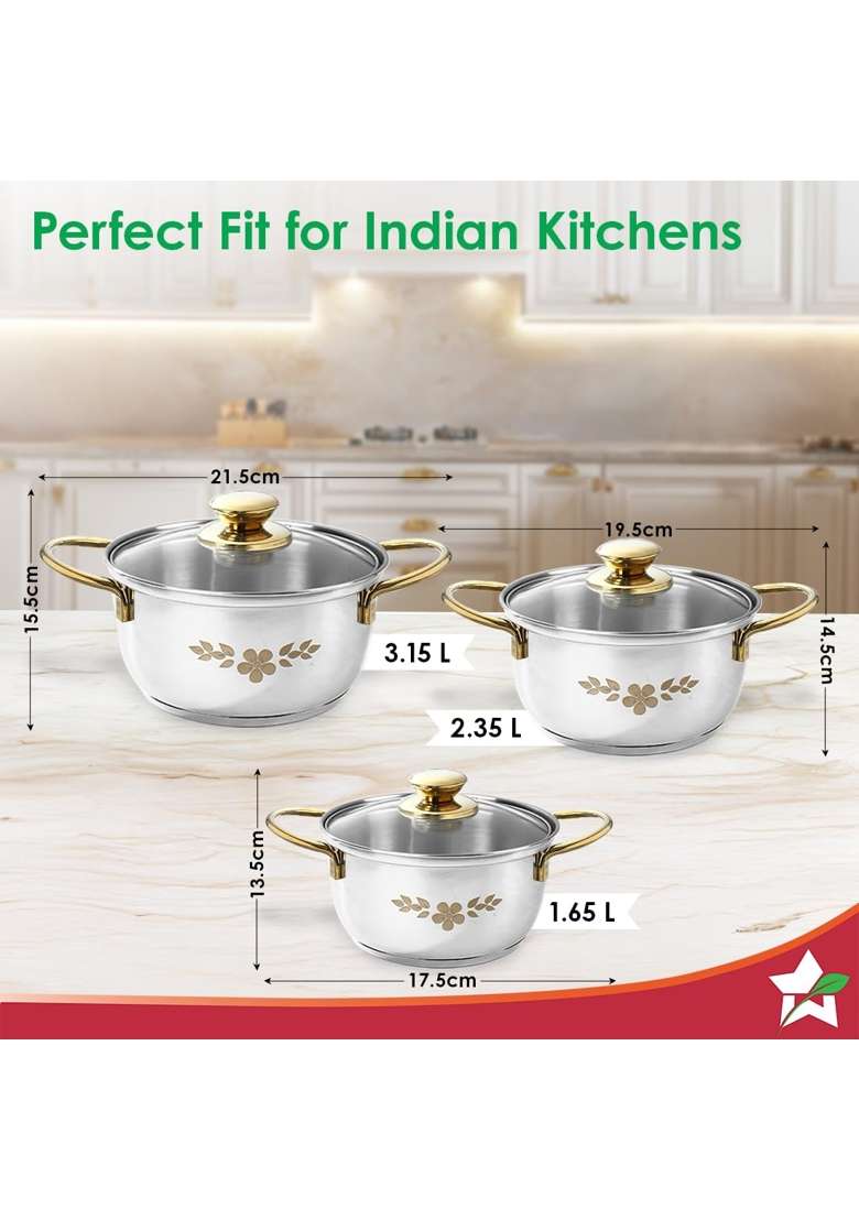 Wonderchef Gold Stanton Stainless-Steel Casserole Set with Glass Lid for Kitchen and Dining | 1.6 L | 1.7 Qt | Pack of 3 | Induction Compatible - Indya