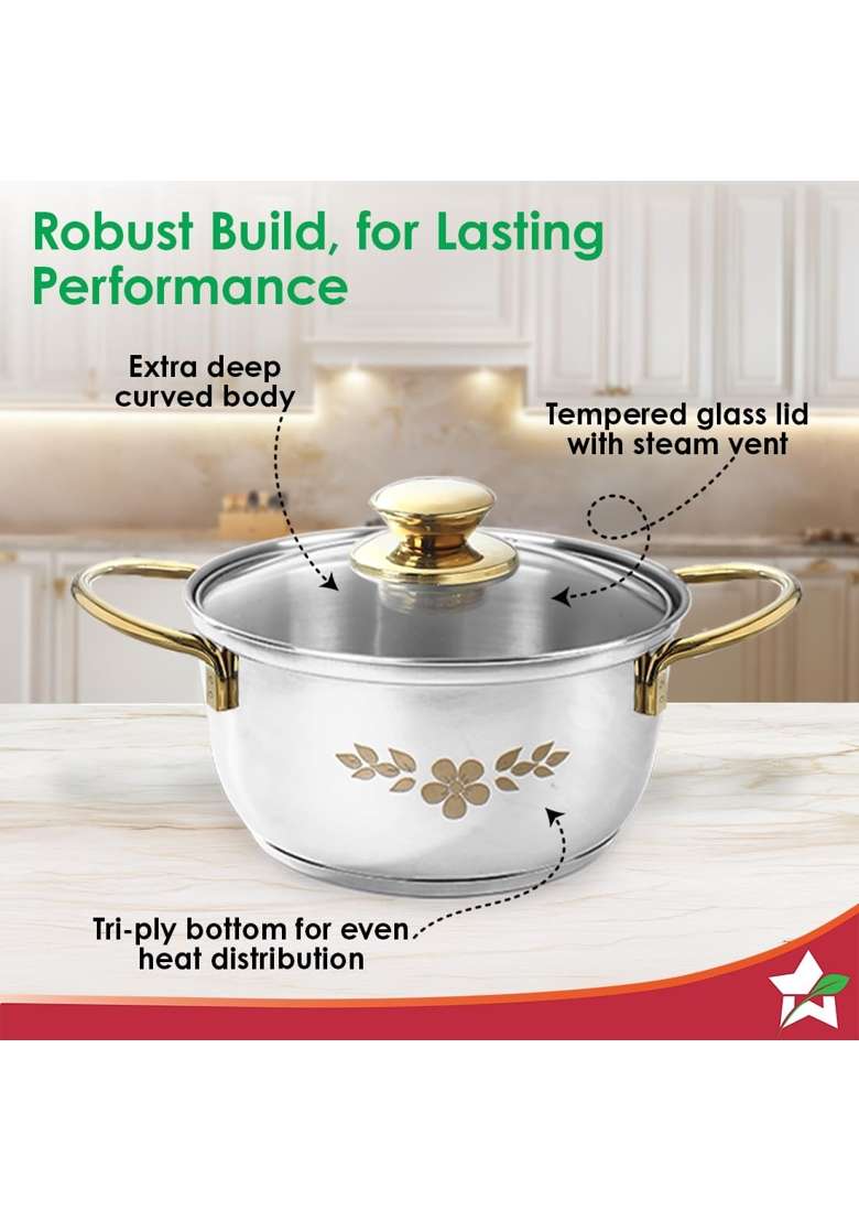 Wonderchef Gold Stanton Stainless-Steel Casserole Set with Glass Lid for Kitchen and Dining | 1.6 L | 1.7 Qt | Pack of 3 | Induction Compatible - Indya