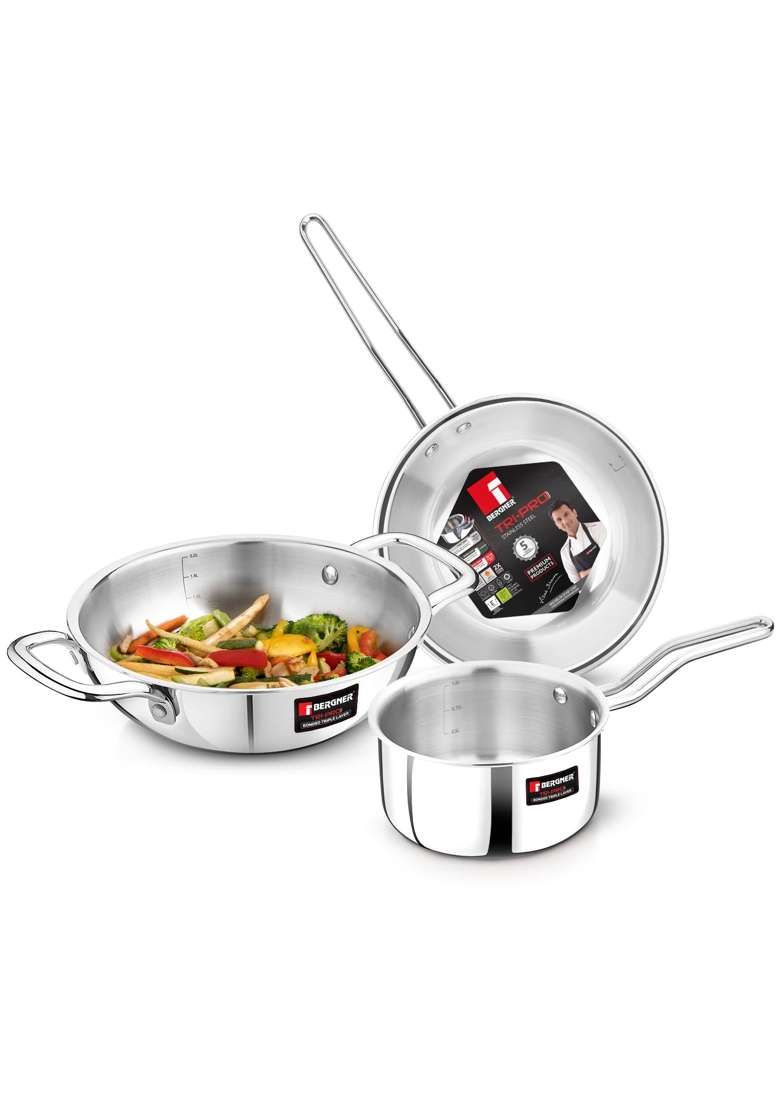 BERGNER BE Essentials TriPro TriPly Stainless Steel Cookware Set | 3 L | 3.2 Qt | 24 cm | 9.4 Inch | 3-Piece Set | Induction Compatible - Indya