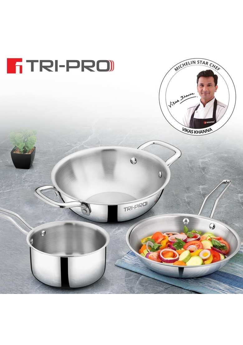 BERGNER BE Essentials TriPro TriPly Stainless Steel Cookware Set | 3 L | 3.2 Qt | 24 cm | 9.4 Inch | 3-Piece Set | Induction Compatible - Indya
