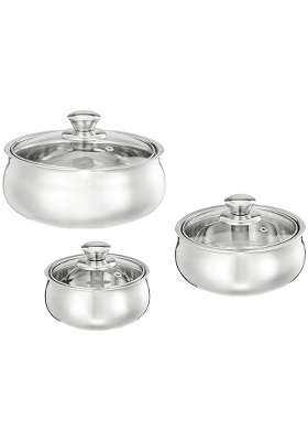 Solimo Amazon Brand Solimo Cookware 3-Piece Insulated Belly Serving Set | 600 ml | 20.3 fl oz | With Lid