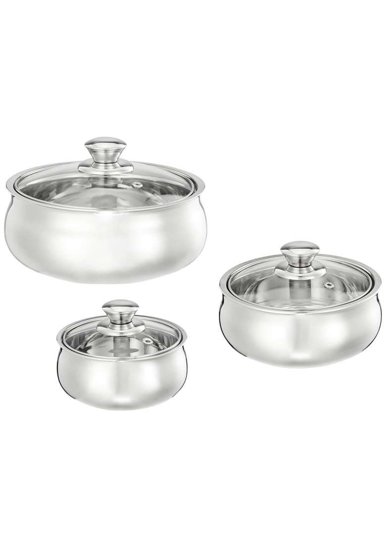 Solimo Amazon Brand Solimo Cookware 3-Piece Insulated Belly Serving Set | 600 ml | 20.3 fl oz | With Lid - Indya