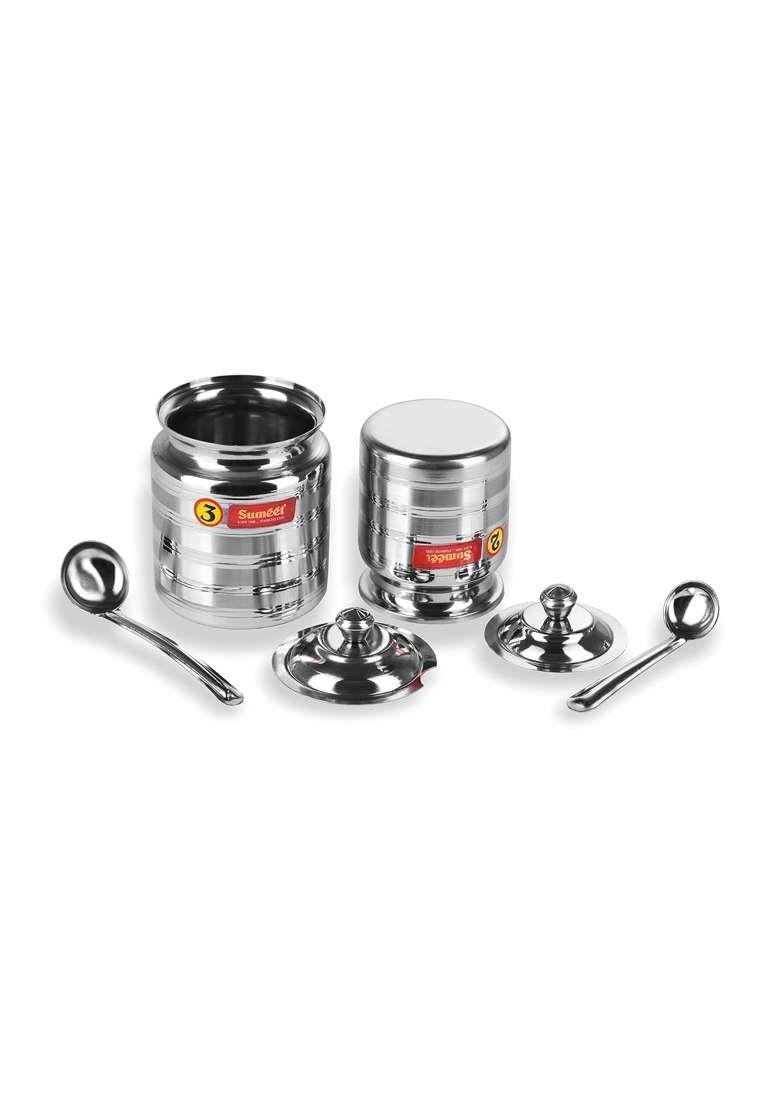 Sumeet Stainless Steel Pot Set for Ghee Oil with Lid and Spoon to Scoop Out Combo | 350 ml | 11.8 fl oz | 2-Piece Set - Indya