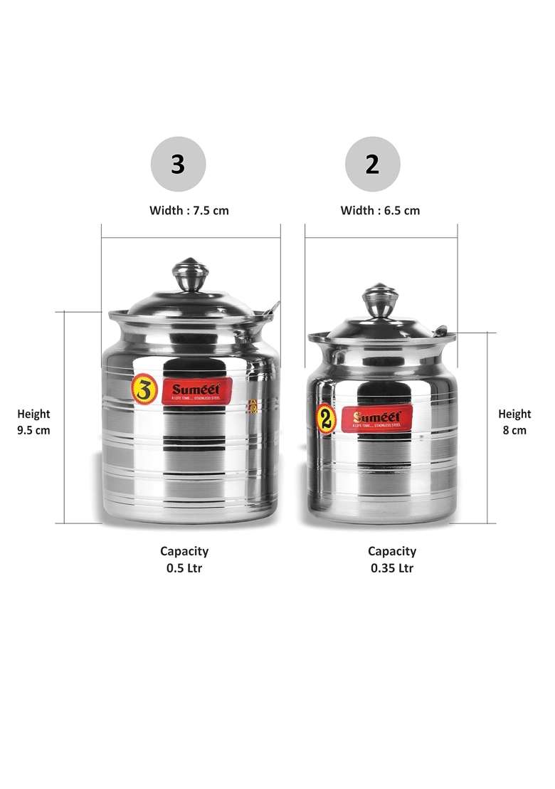 Sumeet Stainless Steel Pot Set for Ghee Oil with Lid and Spoon to Scoop Out Combo | 350 ml | 11.8 fl oz | 2-Piece Set - Indya