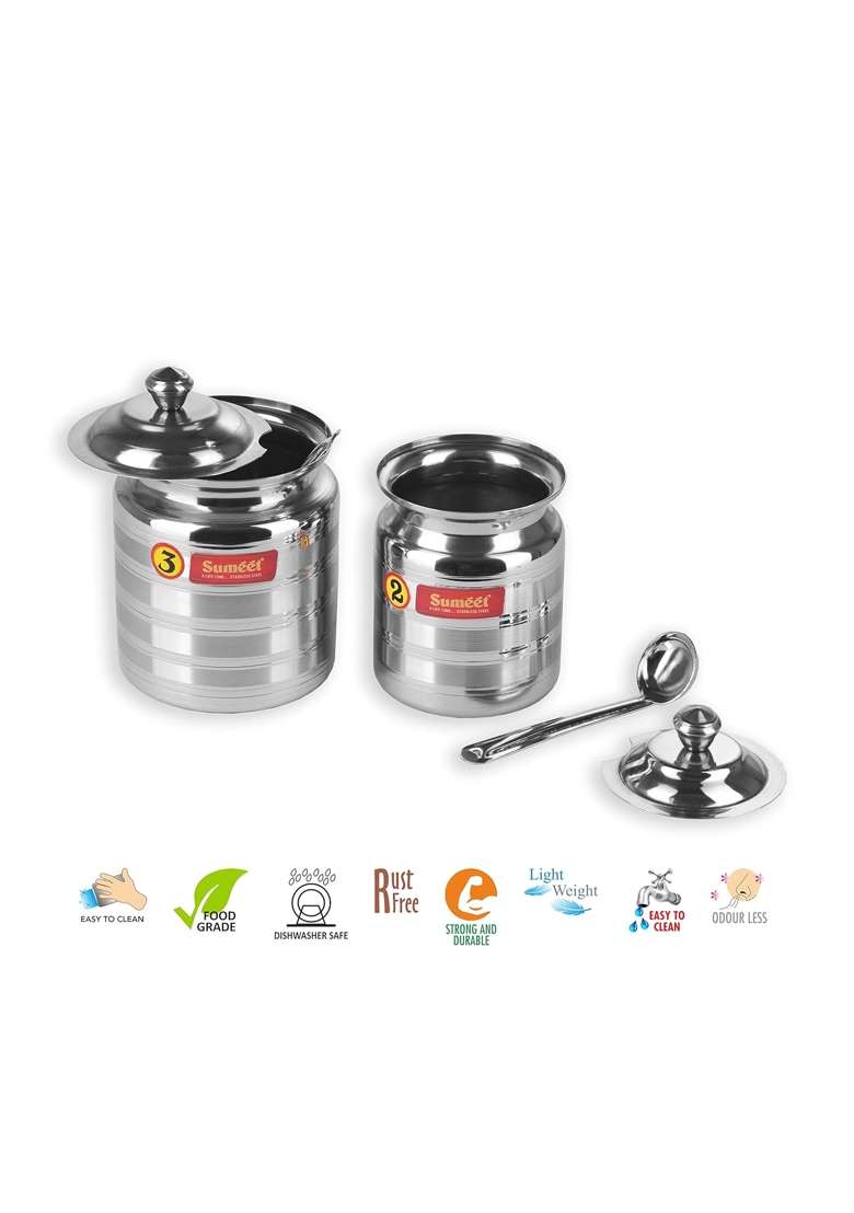 Sumeet Stainless Steel Pot Set for Ghee Oil with Lid and Spoon to Scoop Out Combo | 350 ml | 11.8 fl oz | 2-Piece Set - Indya