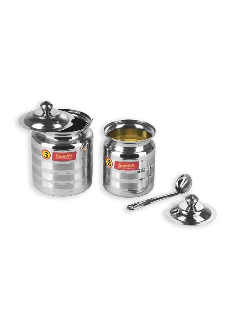 Sumeet Stainless Steel Pot Set for Ghee Oil with Lid and Spoon to Scoop Out Combo | 350 ml | 11.8 fl oz | 2-Piece Set - Indya