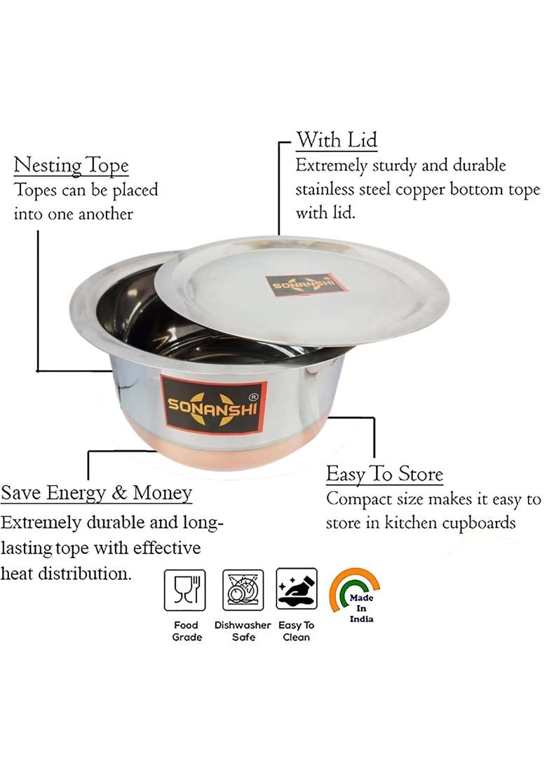 Sonanshi Copper Bottom Stainless Steel Bhagona with Lid | 2.5 L | 2.6 Qt - Indya