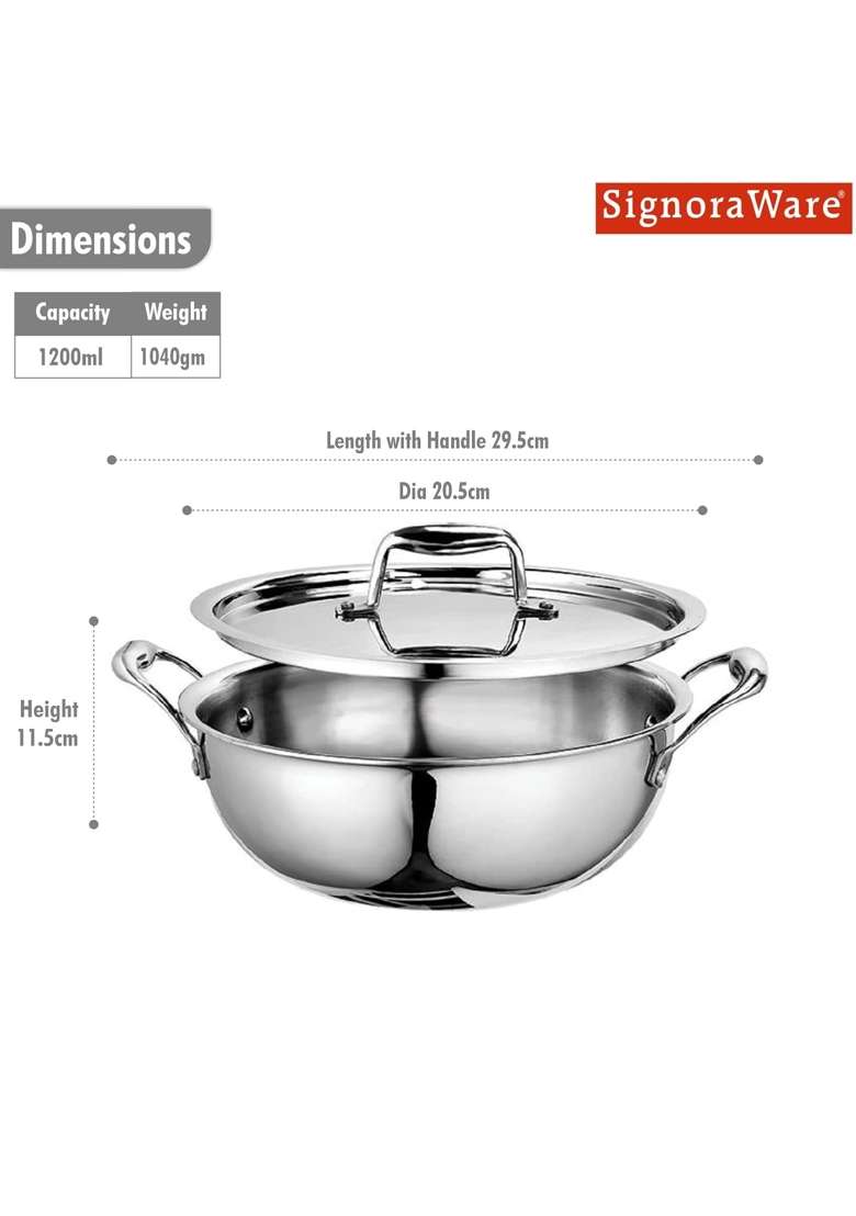 SIGNORA WARE Signoraware Artista Triply Shallow Kadhai Wok Stainless Steel Induction Compatible | 1200 ml | 40.6 fl oz | 18 cm | 7.1 Inch - Indya