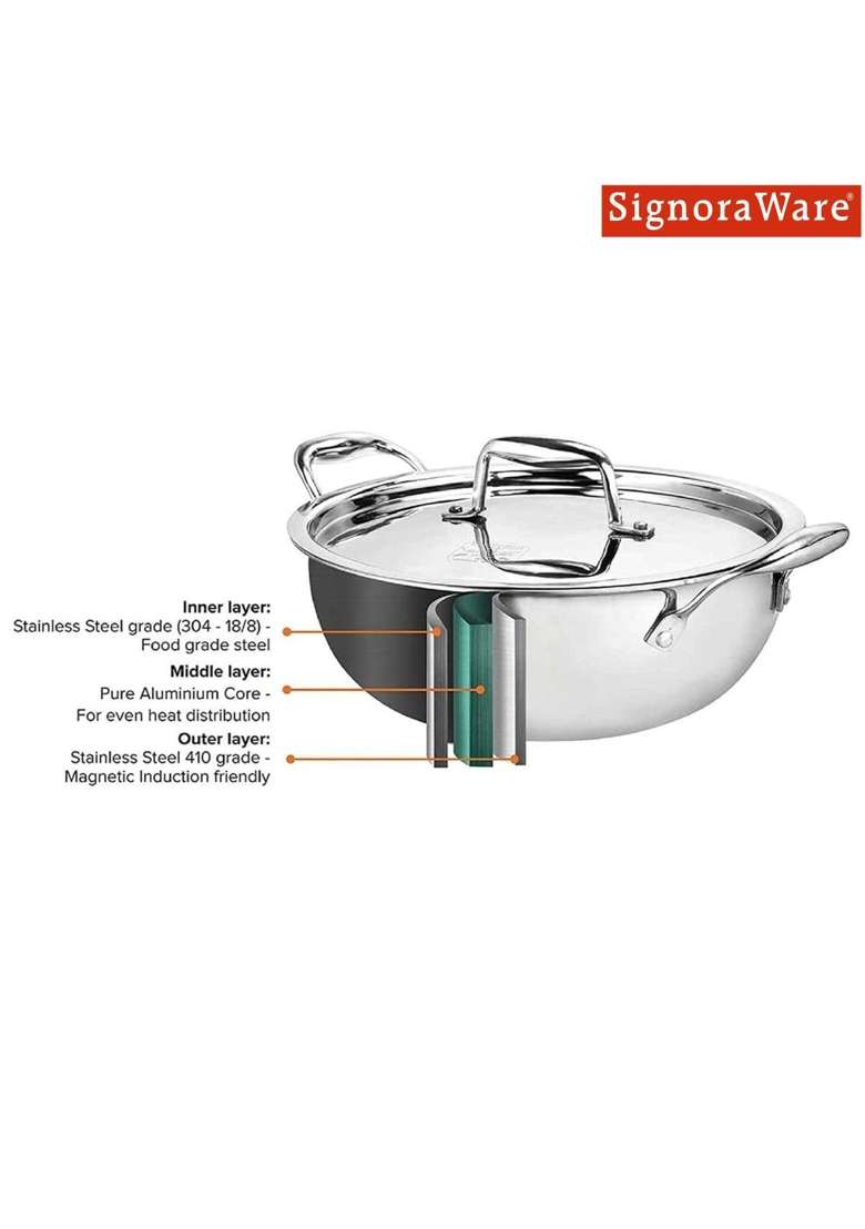 SIGNORA WARE Signoraware Artista Triply Shallow Kadhai Wok Stainless Steel Induction Compatible | 1200 ml | 40.6 fl oz | 18 cm | 7.1 Inch - Indya