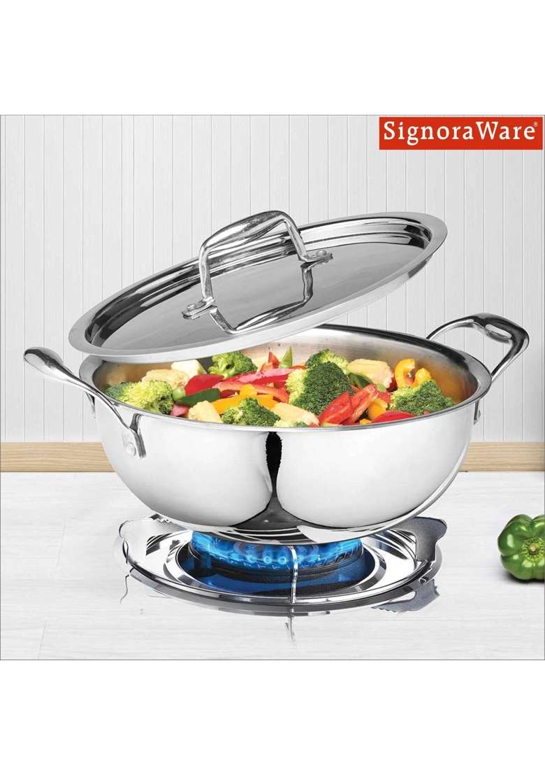 SIGNORA WARE Signoraware Artista Triply Shallow Kadhai Wok Stainless Steel Induction Compatible | 1200 ml | 40.6 fl oz | 18 cm | 7.1 Inch - Indya