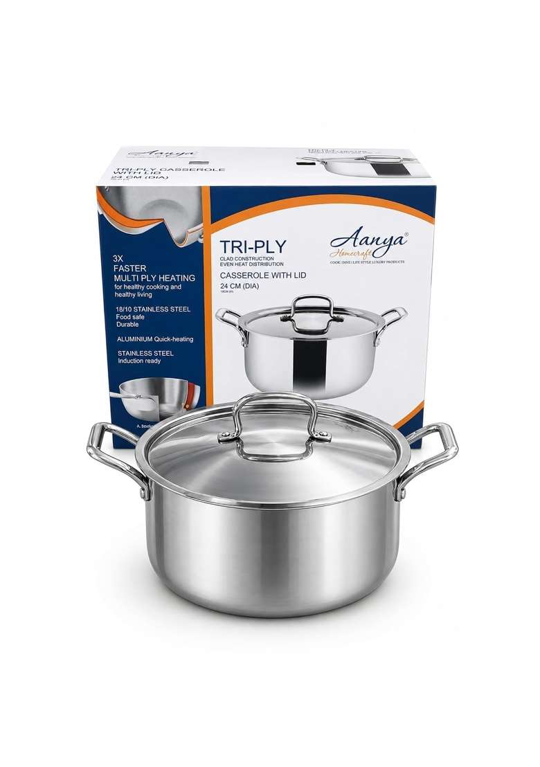 AANYA HOME CRAFT Aanya Homecraft Premium Triply Stainless Steel Casserole with Lid | 3 L | 3.2 Qt | 27 cm | 10.6 Inch | Induction Compatible - Indya