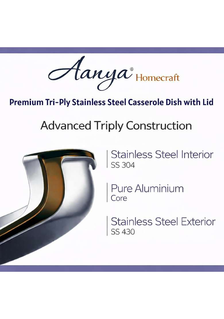 AANYA HOME CRAFT Aanya Homecraft Premium Triply Stainless Steel Casserole with Lid | 3 L | 3.2 Qt | 27 cm | 10.6 Inch | Induction Compatible - Indya