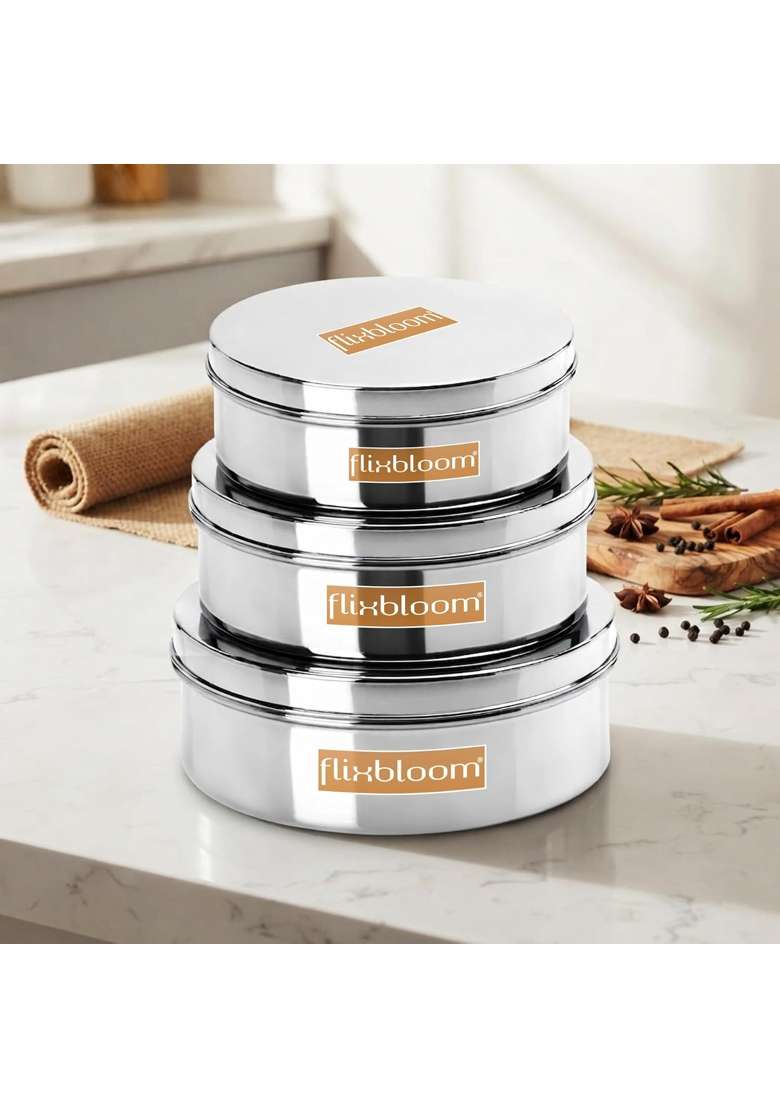 FLIXBLOOM Sublime Thick Stainless Steel Large Combo Flat Canisters Puri Dabba Storage | 2 L | 2.1 Qt | 3-Piece Set - Indya