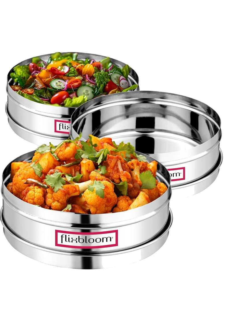 FLIXBLOOM Sublime Thick Stainless Steel Large Combo Flat Canisters Puri Dabba Storage | 2 L | 2.1 Qt | 3-Piece Set - Indya