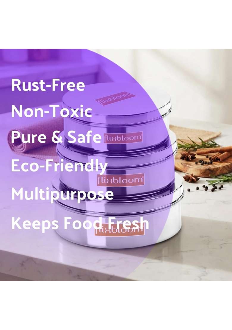 FLIXBLOOM Sublime Thick Stainless Steel Large Combo Flat Canisters Puri Dabba Storage | 2 L | 2.1 Qt | 3-Piece Set - Indya