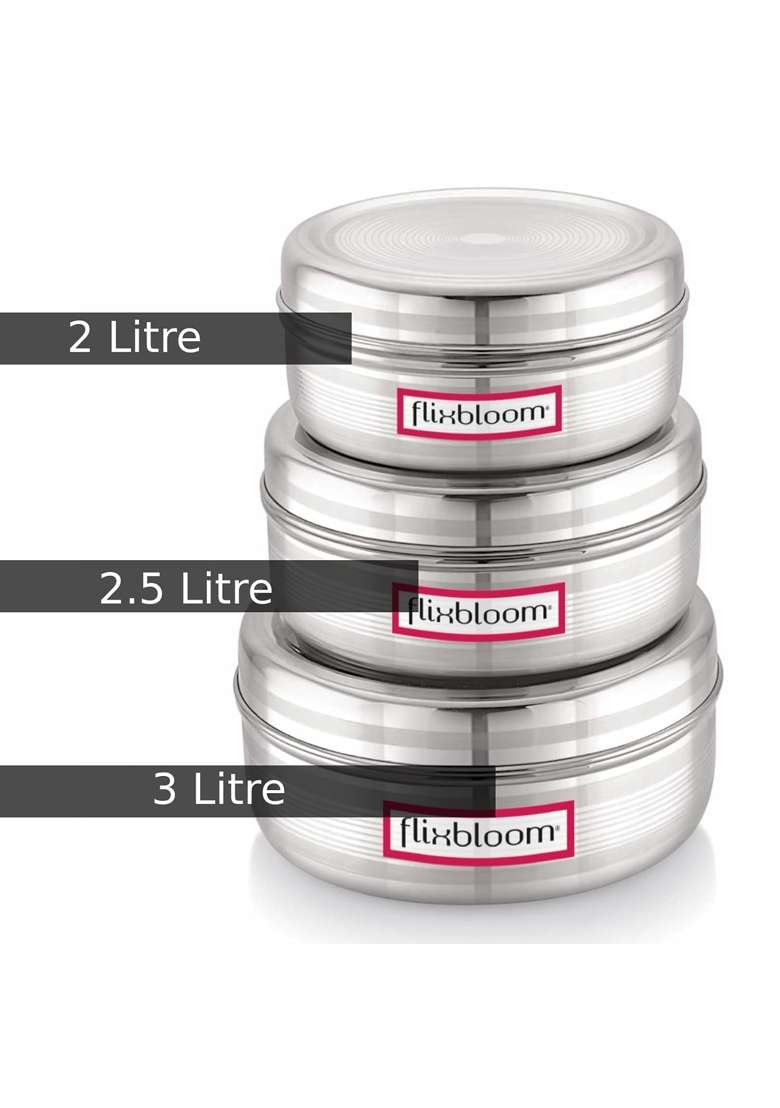 FLIXBLOOM Sublime Thick Stainless Steel Large Combo Flat Canisters Puri Dabba Storage | 2 L | 2.1 Qt | 3-Piece Set - Indya