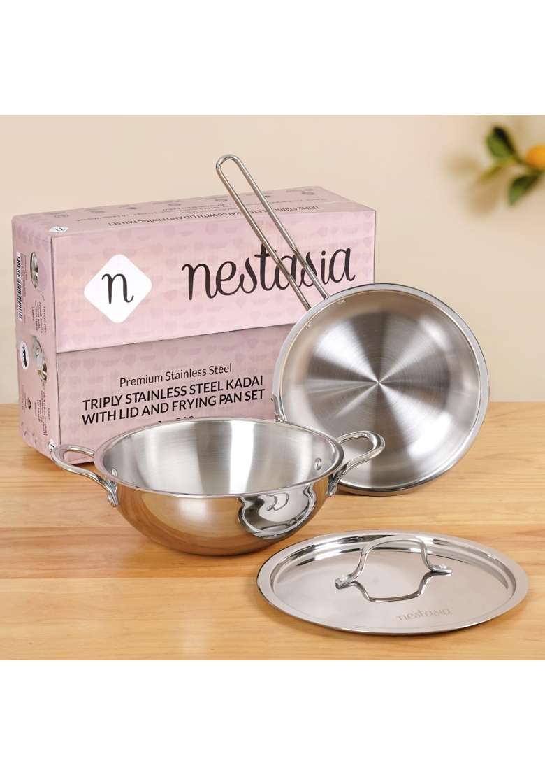 Nestasia Triply Stainless Steel Cookware Set | 1.5 L | 1.6 Qt | 22 cm | 8.7 Inch | Pack of 3 | Induction Compatible | Dishwasher Safe | With Lid - Indya