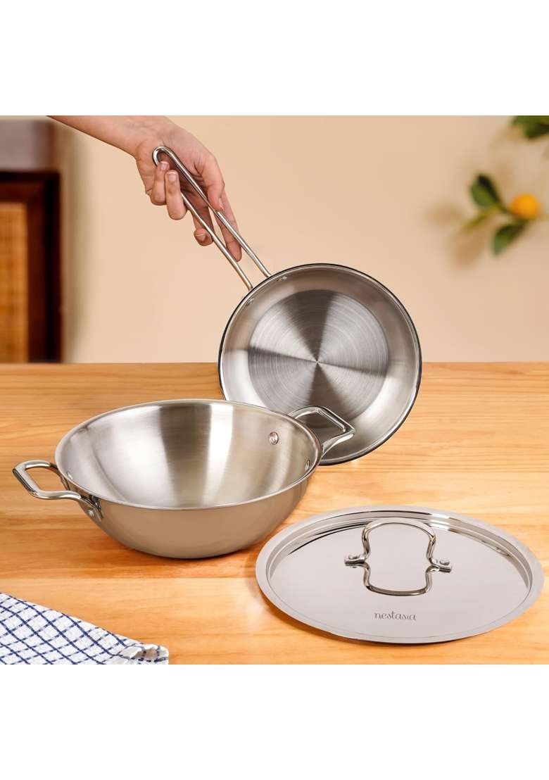 Nestasia Triply Stainless Steel Cookware Set | 1.5 L | 1.6 Qt | 22 cm | 8.7 Inch | Pack of 3 | Induction Compatible | Dishwasher Safe | With Lid - Indya