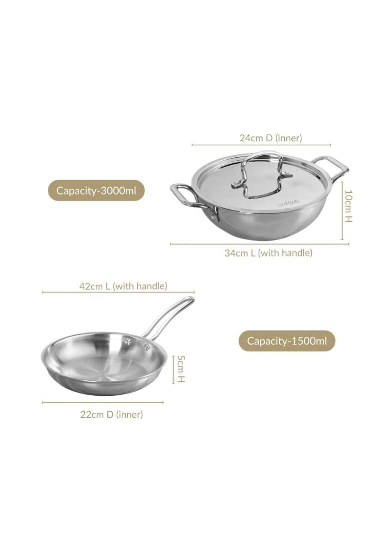 Nestasia Triply Stainless Steel Cookware Set | 1.5 L | 1.6 Qt | 22 cm | 8.7 Inch | Pack of 3 | Induction Compatible | Dishwasher Safe | With Lid - Indya
