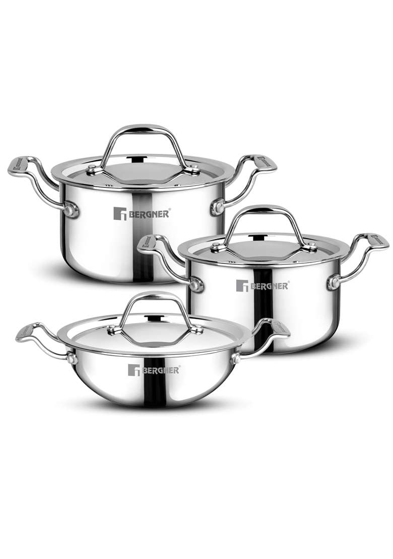 BERGNER Argent Junior Chef Triply Stainless Steel Cookware Set | 1.6 L | 1.7 Qt | 16 cm | 6.3 Inch | Pack of 6 | Induction Compatible | With Lid - Indya