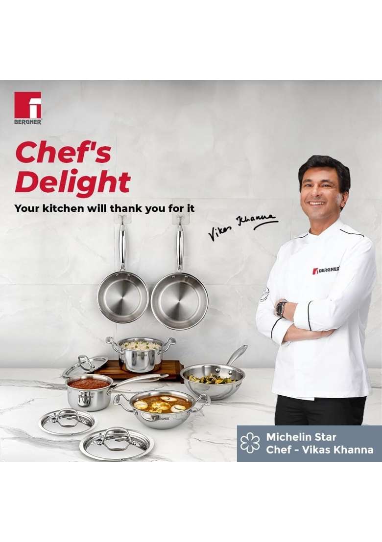 BERGNER Argent Junior Chef Triply Stainless Steel Cookware Set | 1.6 L | 1.7 Qt | 16 cm | 6.3 Inch | Pack of 6 | Induction Compatible | With Lid - Indya